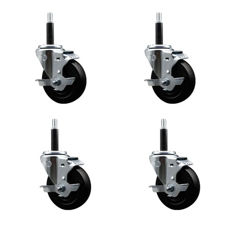 Service Caster 4'' SS Hard Rubber Swivel 3/4'' Expanding Stem Caster Set with Brake, 4PK SCC-SSEX20S414-HRS-TLB-34-4